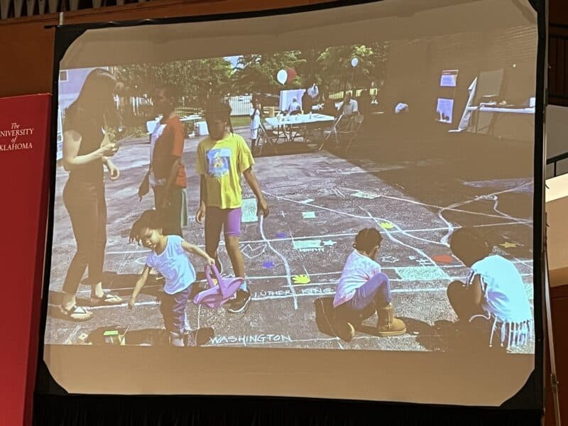 Photo by Becky McCray. Slide by Mukul Malhotra Photo of a slide projected on screen. Children are playing and drawing on a chalked map of their neighborhood.