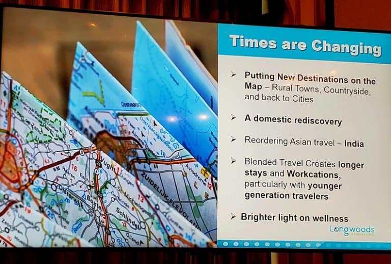 Slide text: Times are changing. Putting new destinations on the map: rural towns, countryside, and back to cities. A domestic rediscovery. Blended travel creates longer stays and workcations. Brighter light on wellness.