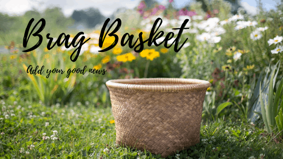 Basket photo by Jill Wellington via Pixabay "Brag Basket - add your good news" over a photo of a basket in a field of flowers